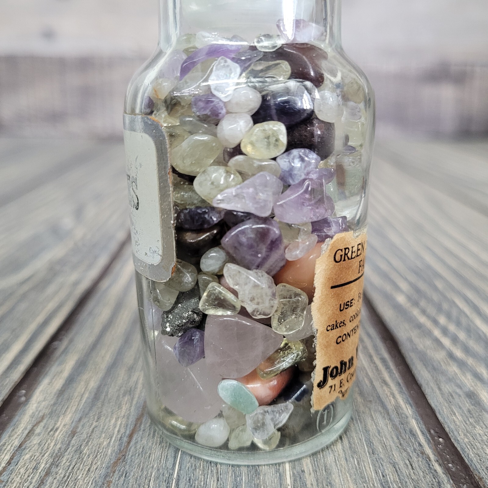 4oz Crystal Tumbles in Apothecary Vintage Glass Jar “Fancies” Label Wagner Spice