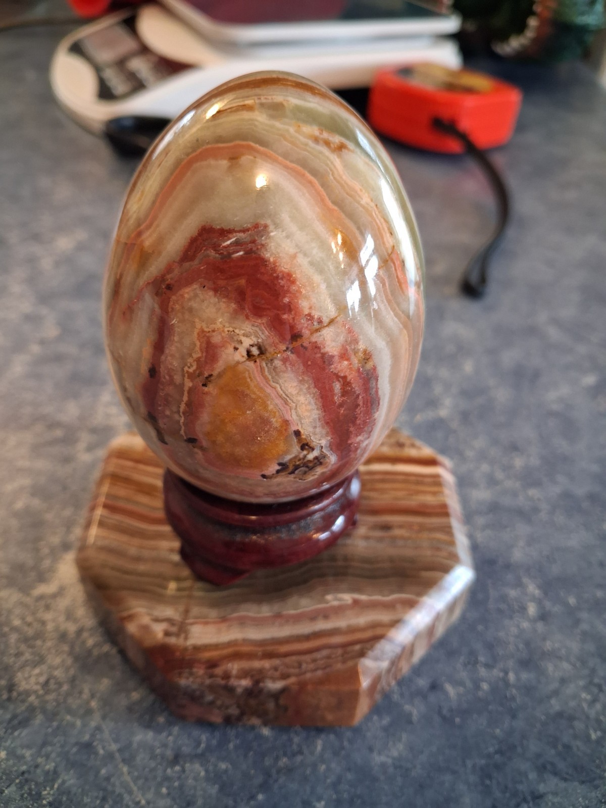 Banded Onyx Polished Egg Displayed on Hexagon Onx Base W/Wood Stand Beautiful!