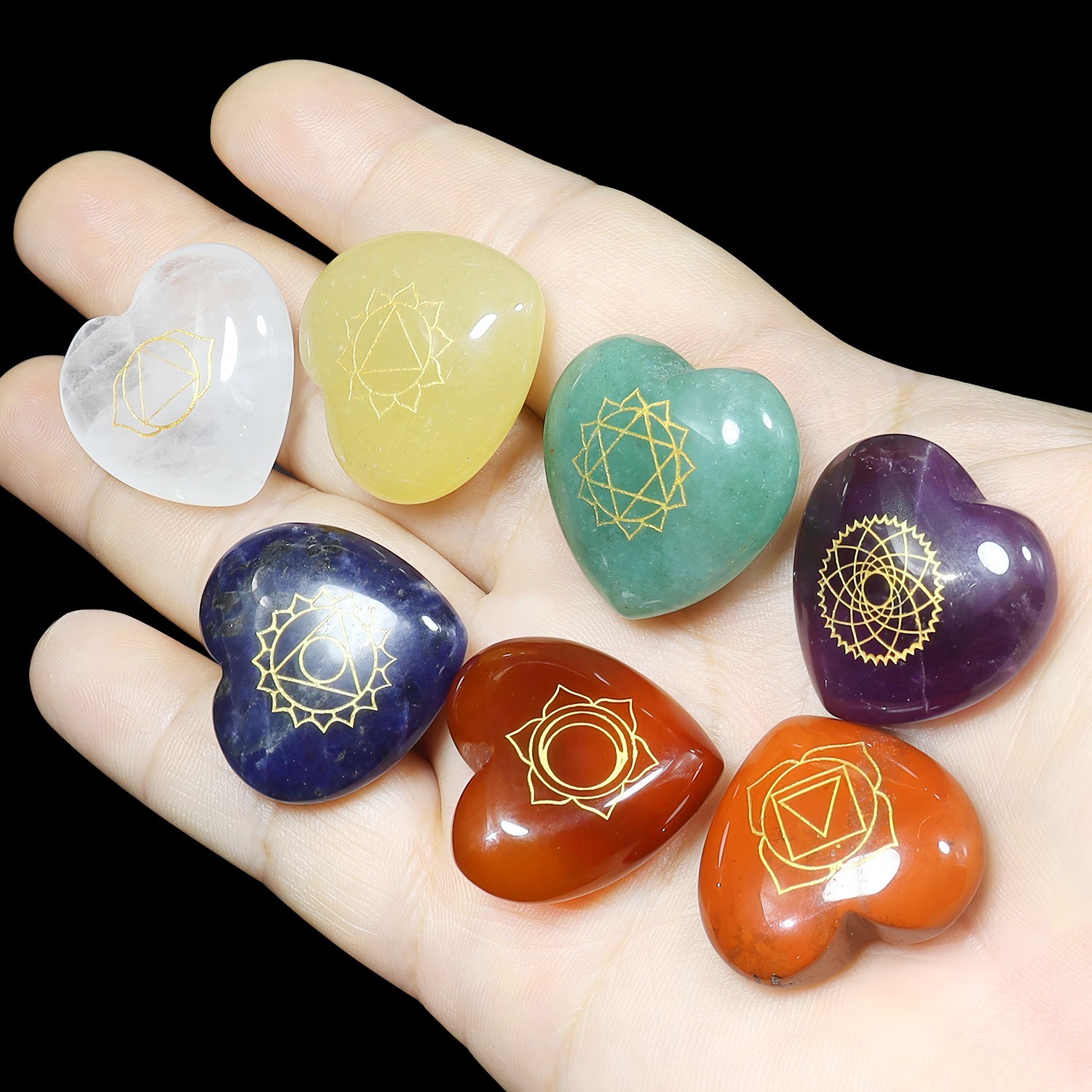 25mm Natural Healing Stones Heart 7 Chakra Crystal Set With Chakra Symbols 1set