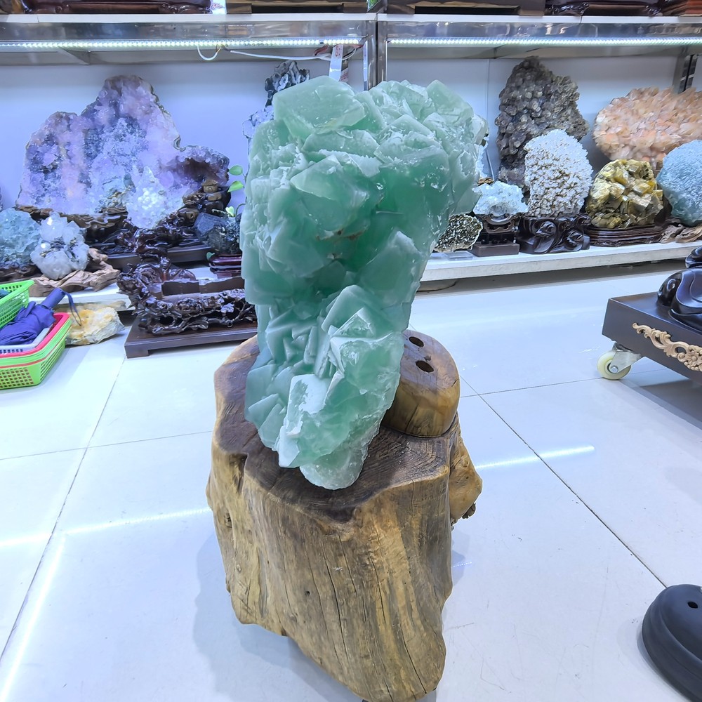 110LB Top Natural Green Fluorite Quartz Cluster Crystal Mineral Specimen + stand