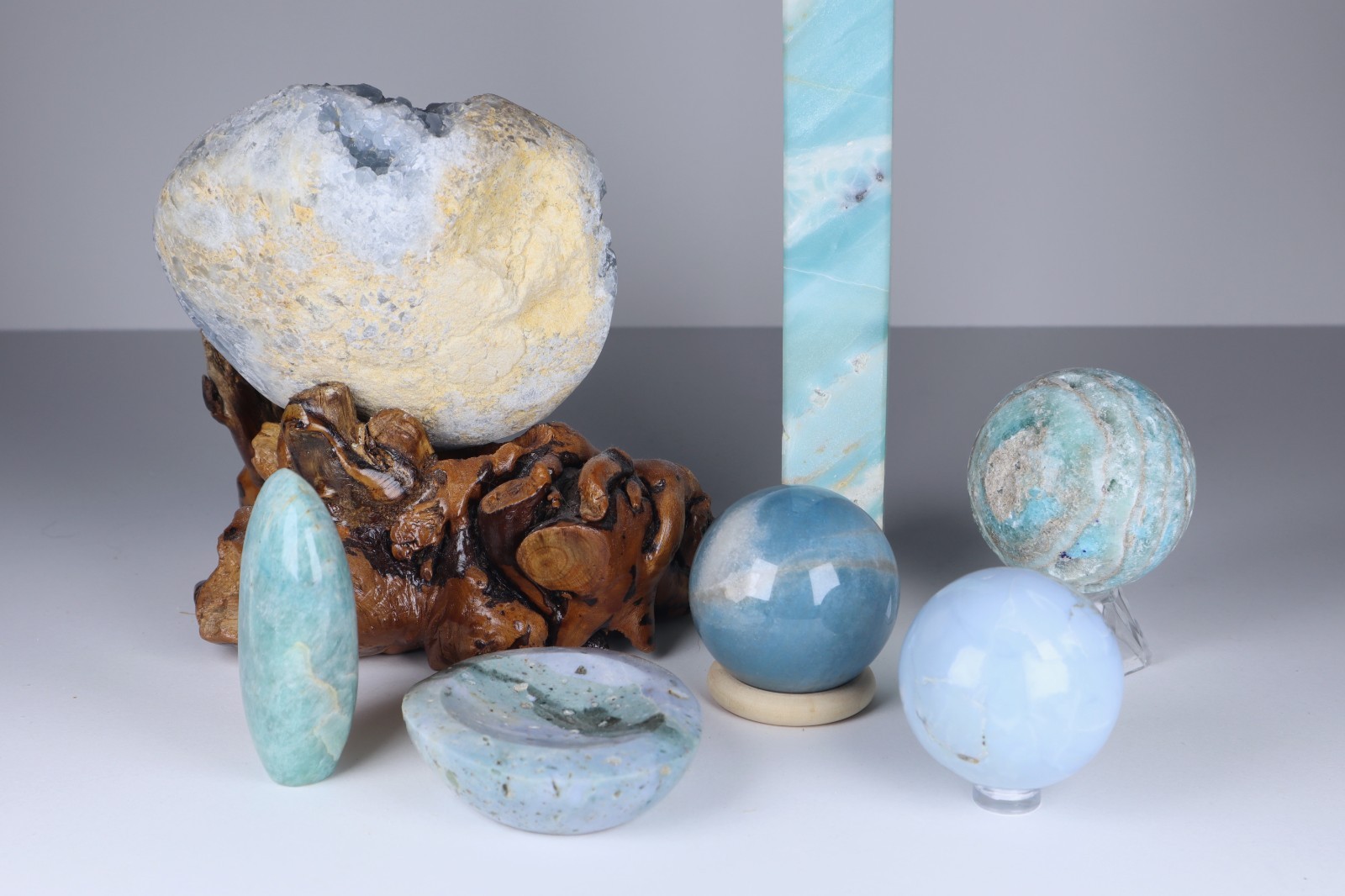 Large BLUE CRYSTAL LOT Celestite Angelite Caribbean Calcite Tower Amazonite