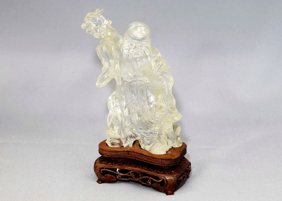 Hand-carved and hand-polished natural crystal quartz. Lohan with gourd and st