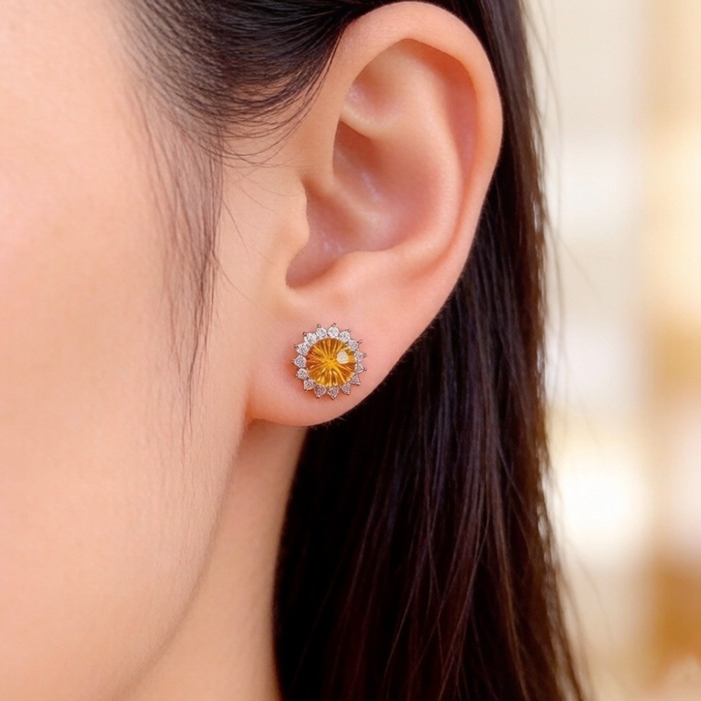 Natural Citrine sunflower Stud Earrings Gemstone S925 Silver Plated18K Gold Gift
