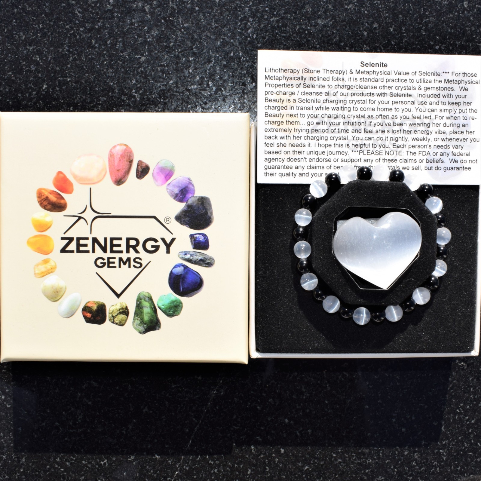 CHARGED Natural Selenite & Black Tourmaline 8mm Bracelet 50/50 + Selenite Heart