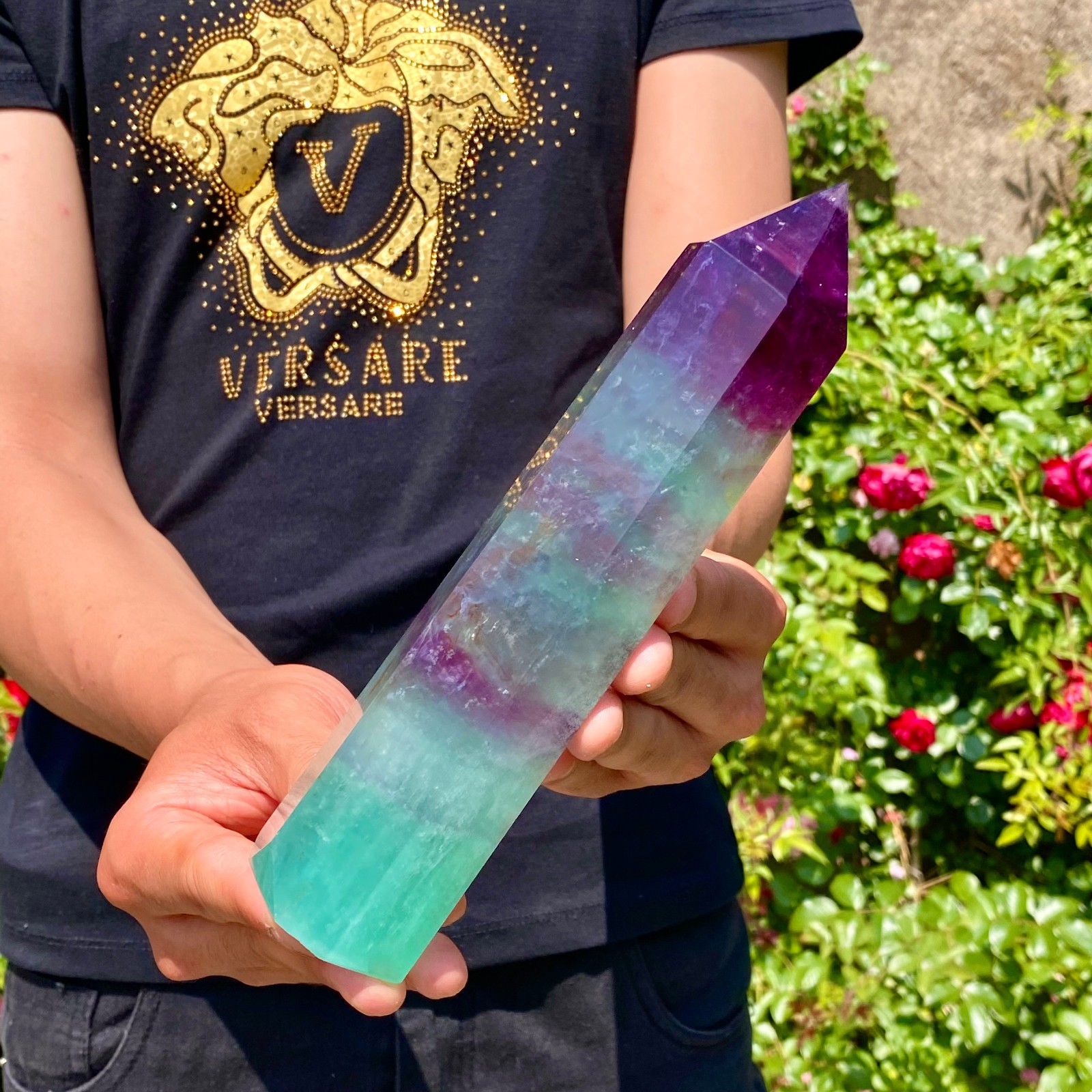 1.8LB Natural rainbow fluorite obelisk quartz crystal wand point Gem Healing