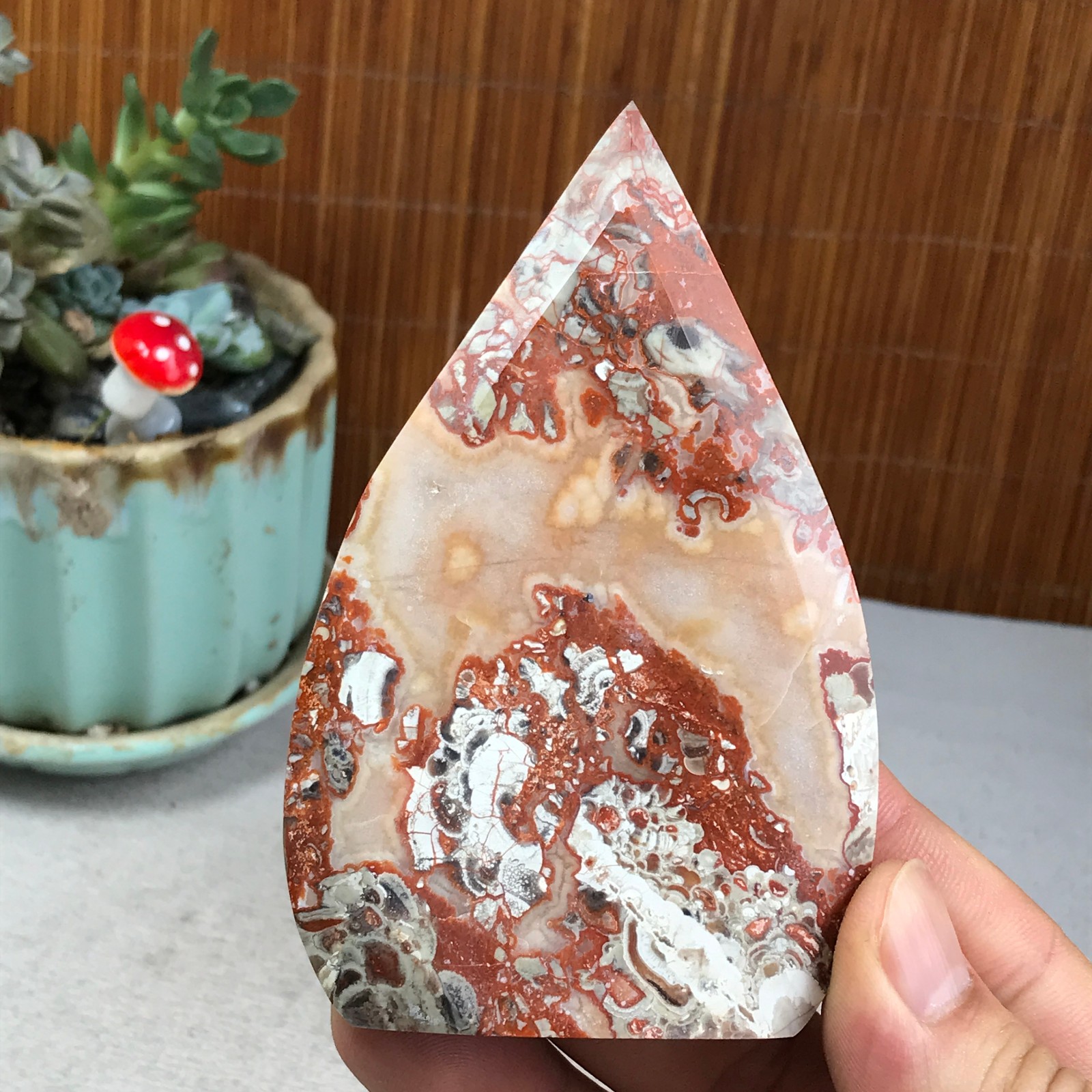 Natural money Mexico agate hand carve leaf Crystal Specimen free standing A6275