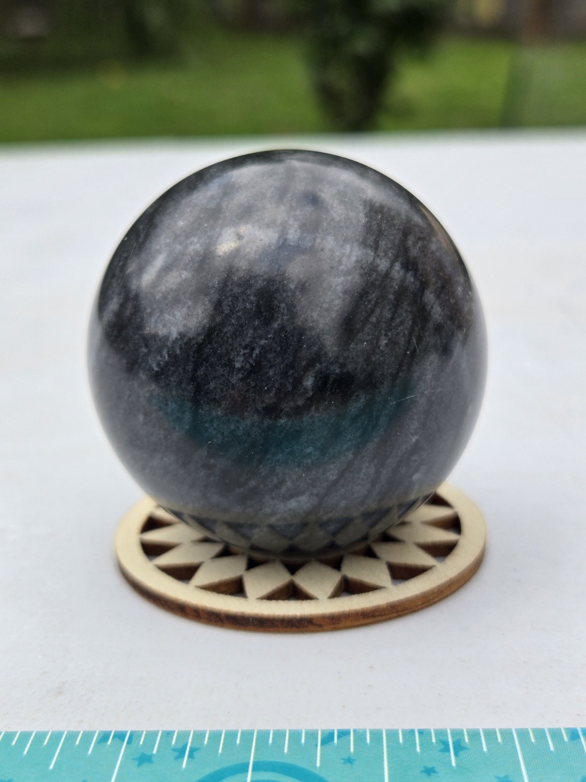 black/ gray polished quartz crystal sphere display w/ stand 2.5in B64