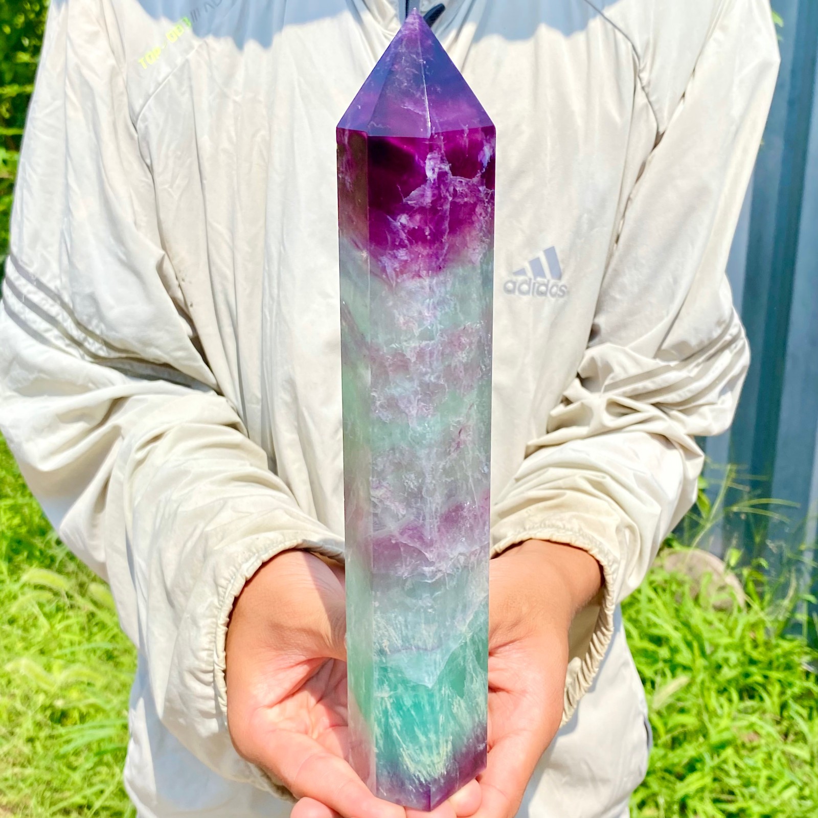 2.62LB Natural Rainbow Fluorite Obelisk Quartz Crystal Wand Tower Point Healing