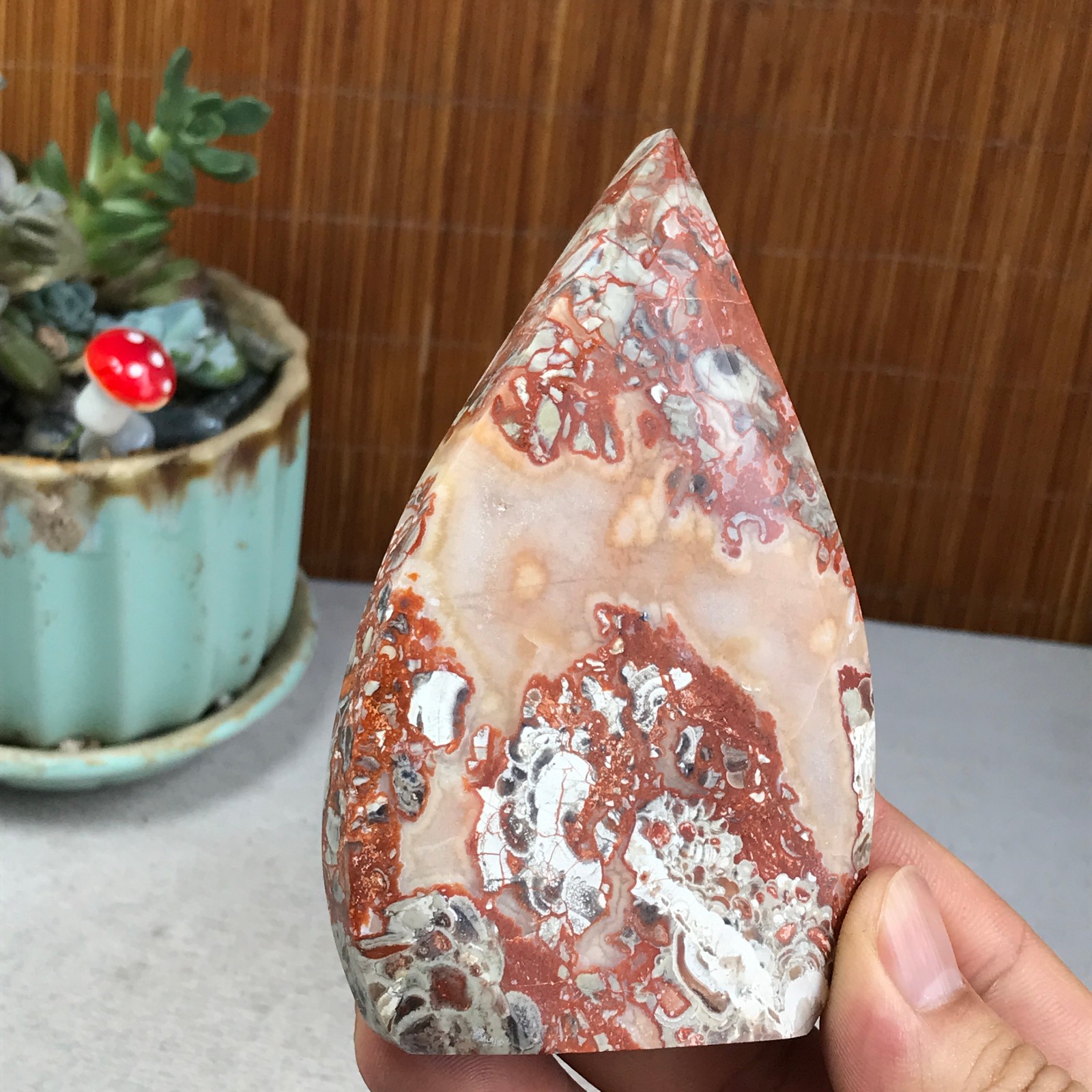 Natural money Mexico agate hand carve leaf Crystal Specimen free standing A6275