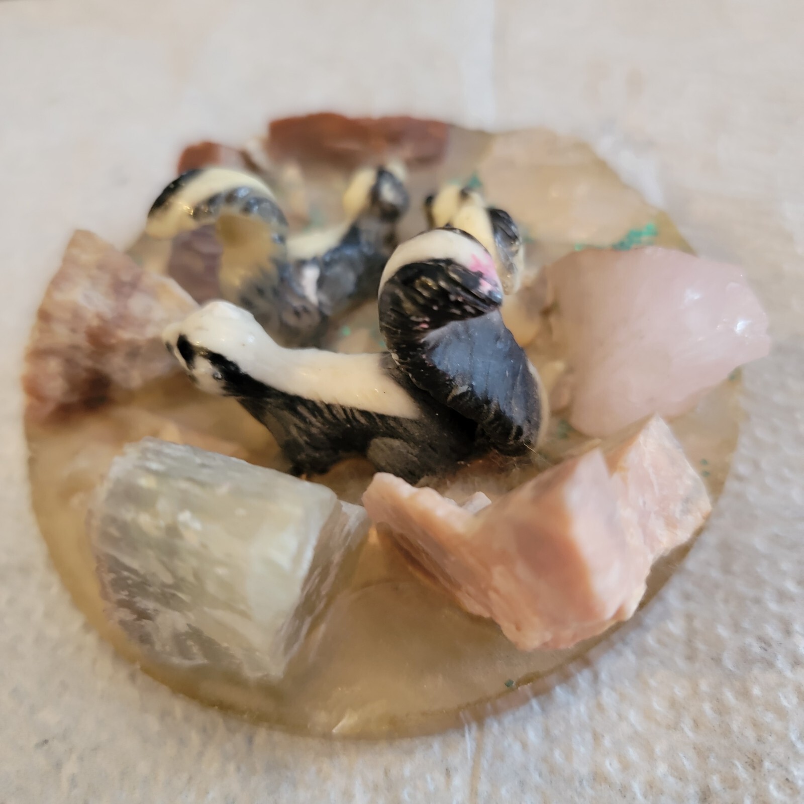 Skunk Family On Lucite Acrylic Base With Crystal And Mineral Stones