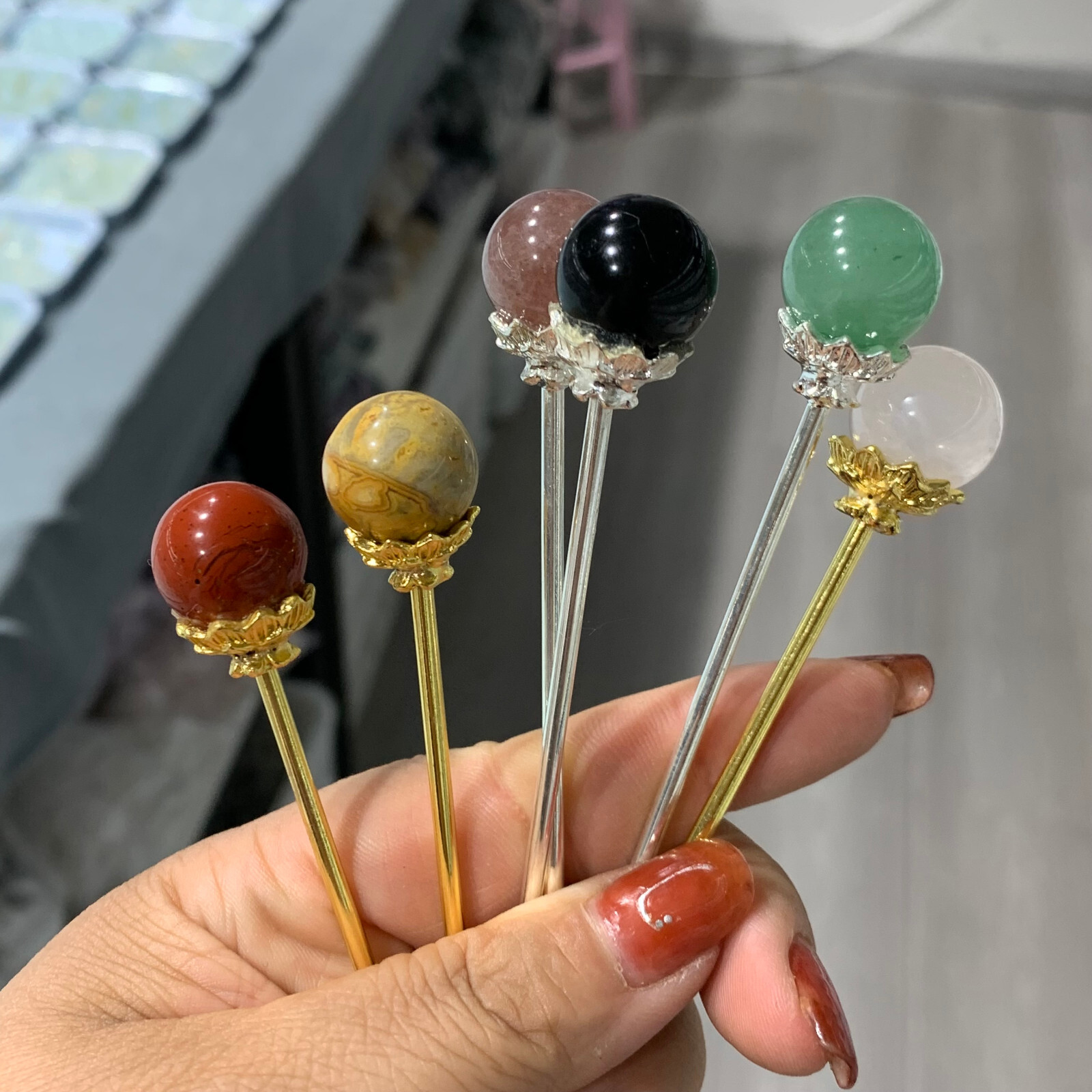 5PC Natural mix quartz crystal mini sphere hairpin carved reiki healing random