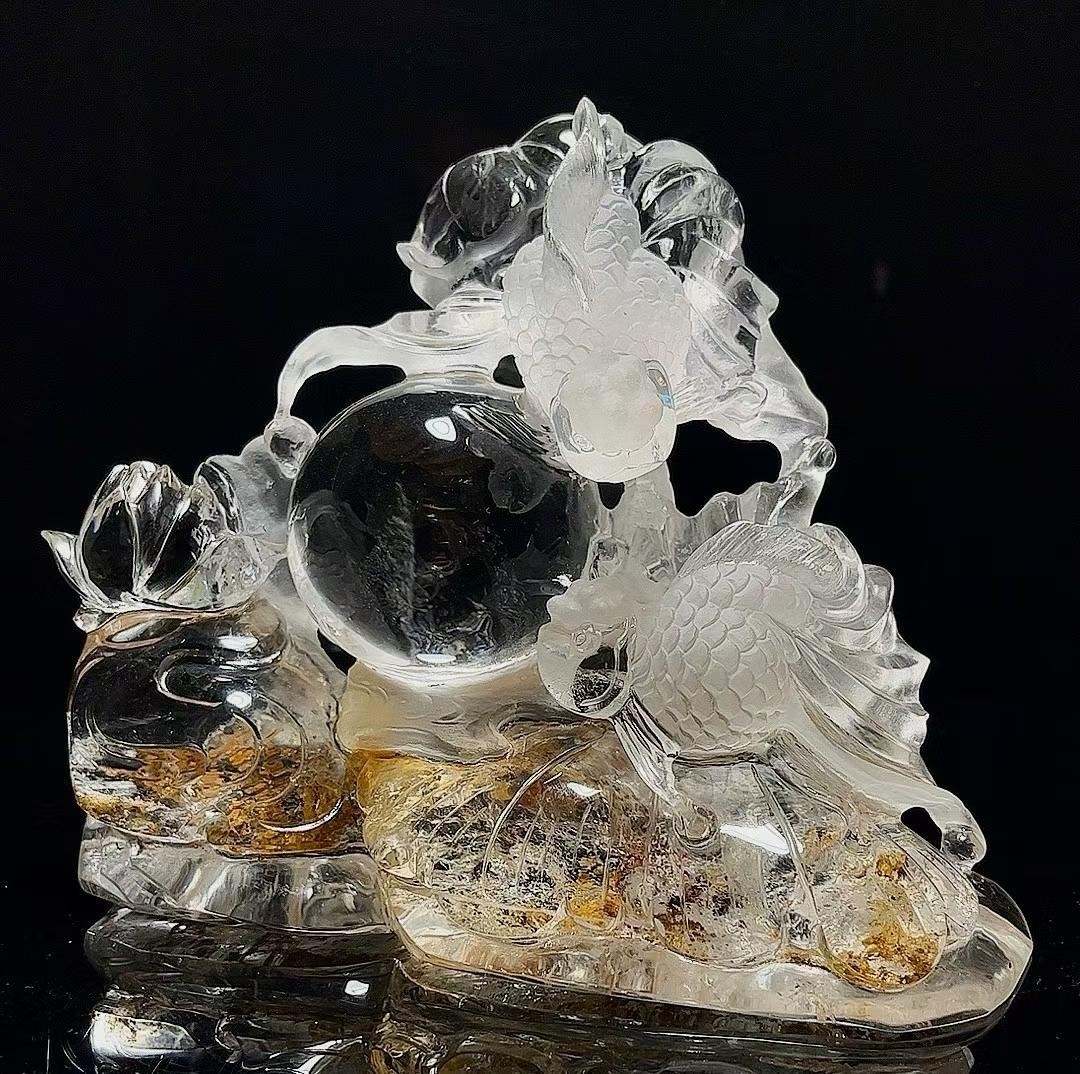 12.2LB Natural crystal fire quartz Carved fish Reiki energy Decor+Stand