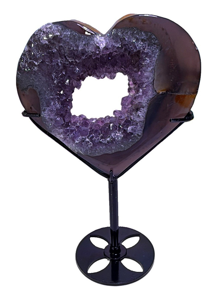 Heart-Shaped Purple Crystal Geode Slice Decor on Black Metal Stand, 6 in Tall