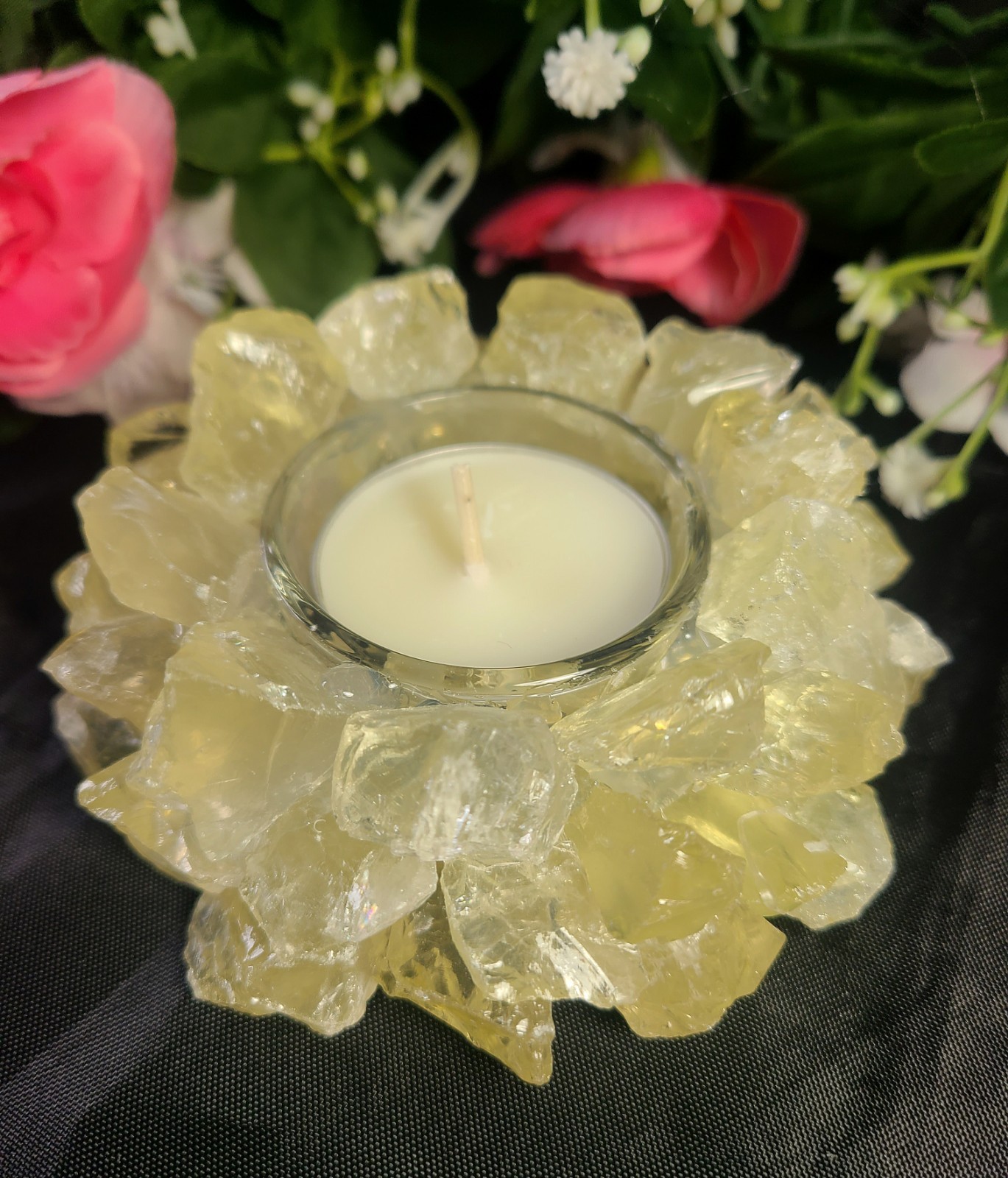 Large 4″ Pretty Citrine Quartz Tea Light or Sphere Stand Crystal Ball Holder