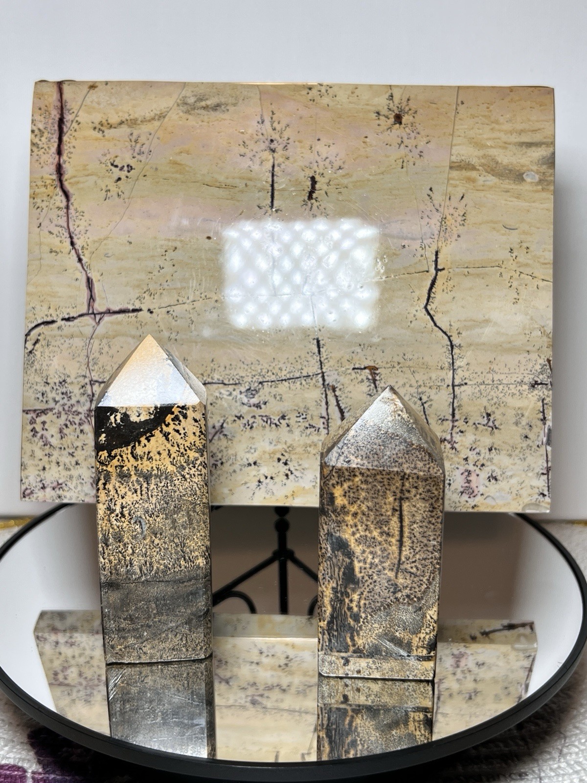 Picture Jasper 3 Piece Set – 2 Towers & Slab w/holder – Measurements In Photos