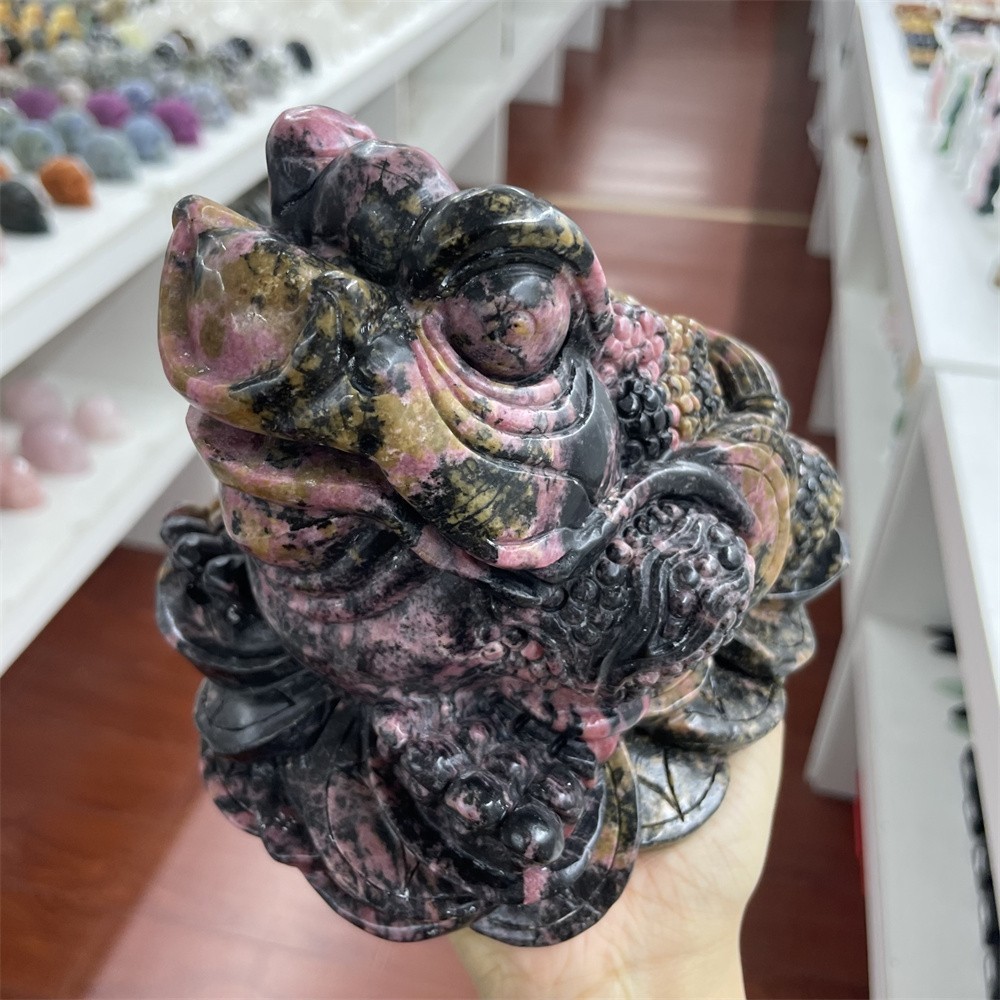 10.6LB 6.5″A+Natural Rhodonite Money Toad Crystal Hand Carved Statue Hand Carved