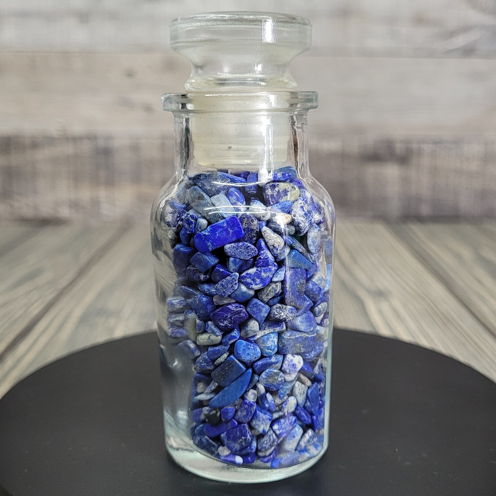 1/4lb Lapis Lazuli Crystal Tumbled Chips in Apothecary Vintage Glass Jar Wagner