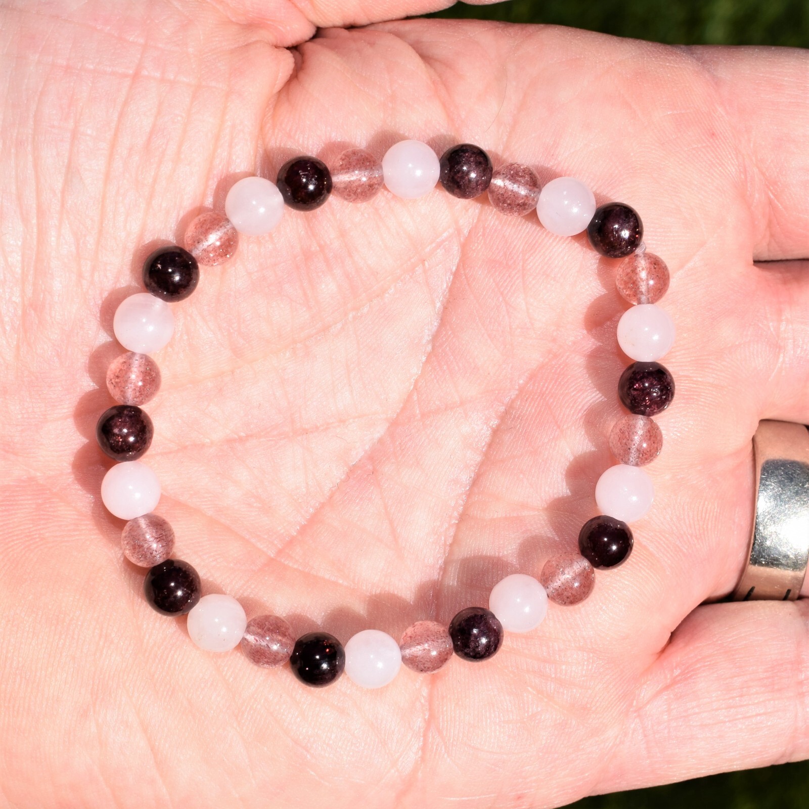 Rhodolite Garnet Rose Quartz Strawberry Quartz 6mm Bracelet + Selenite Charger