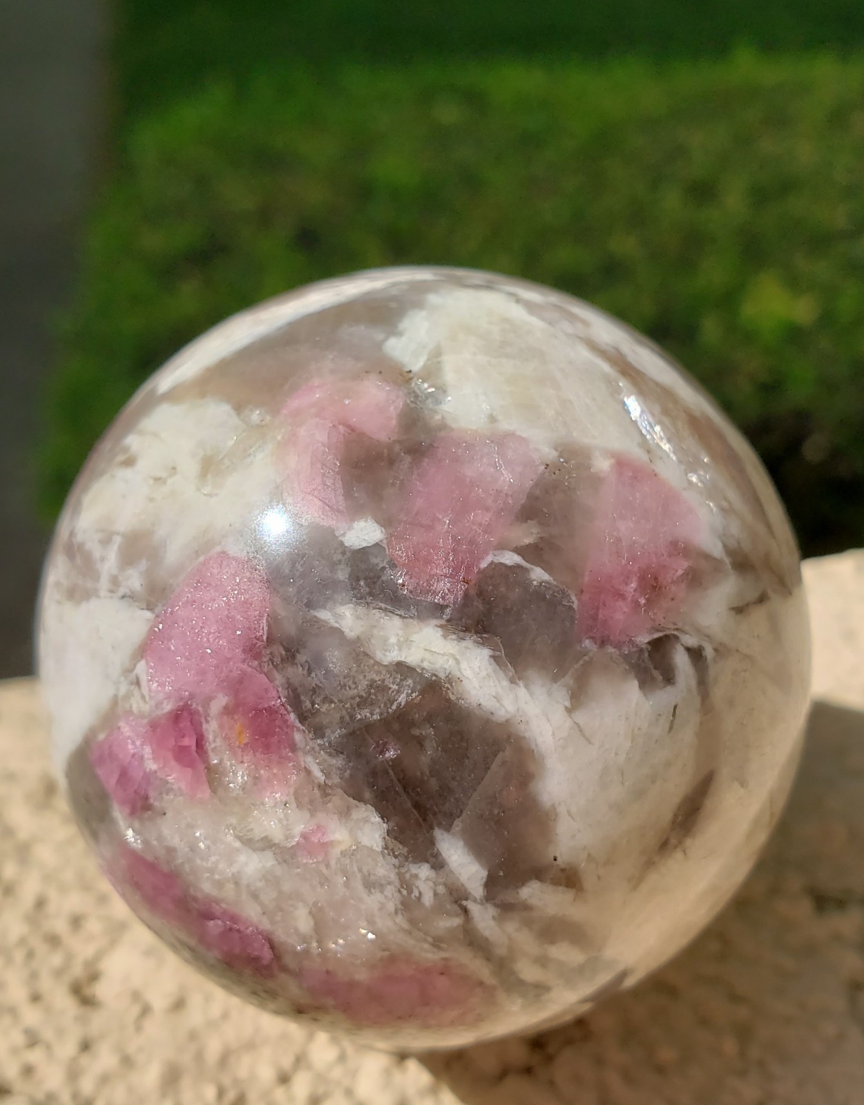 2.49″ Pink Tourmaline Smoky Quartz White Albite UV Crystal Sphere Orb Ball, 356g