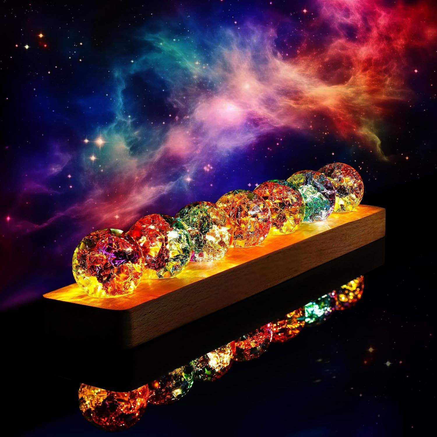 7pc Colorful Glass Healing Spheres with LED Wooden Stand Night Light