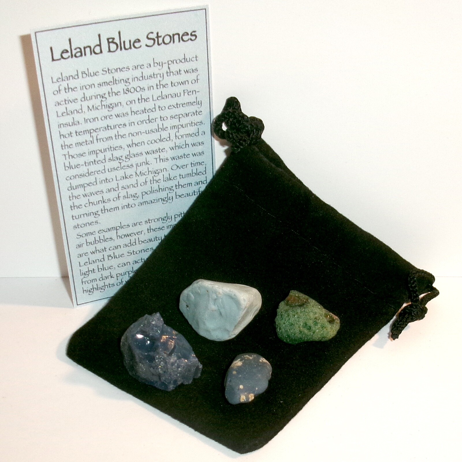 Leland Blue Stones and Black Velvet Bag Michigan Iron Ore Slag Glass Gems