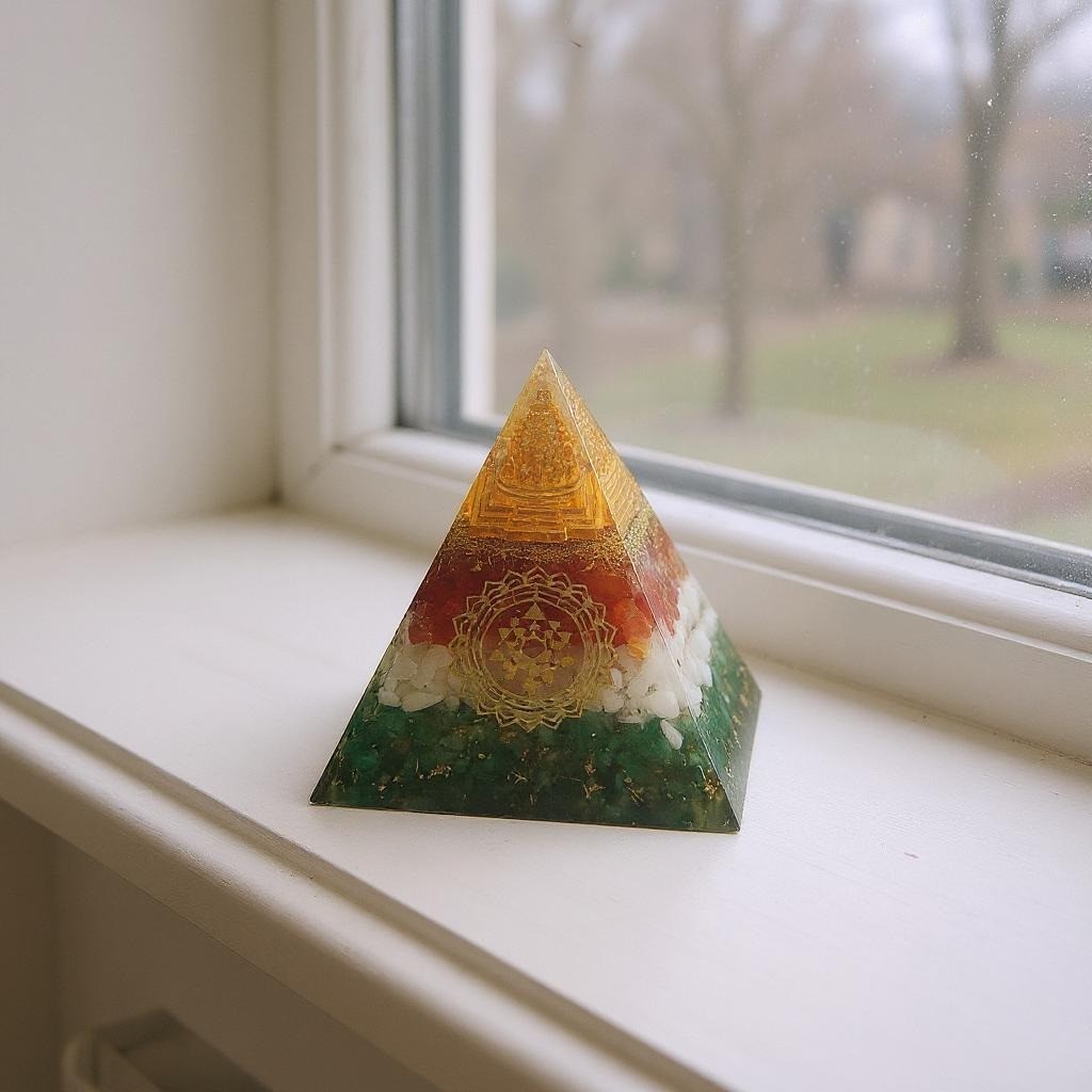 Sri Yantra Sacred Geometry Orgone Pyramid, Meditation Window Sill Decor