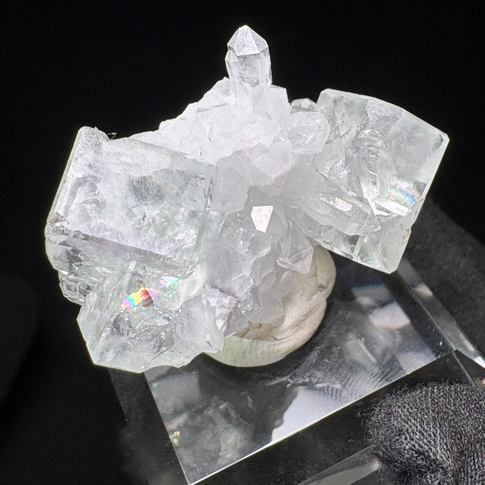 Natural Water-Clear Fluorite w/ Quartz Rare Specimen Raw Mineral w/ Acrylic Base