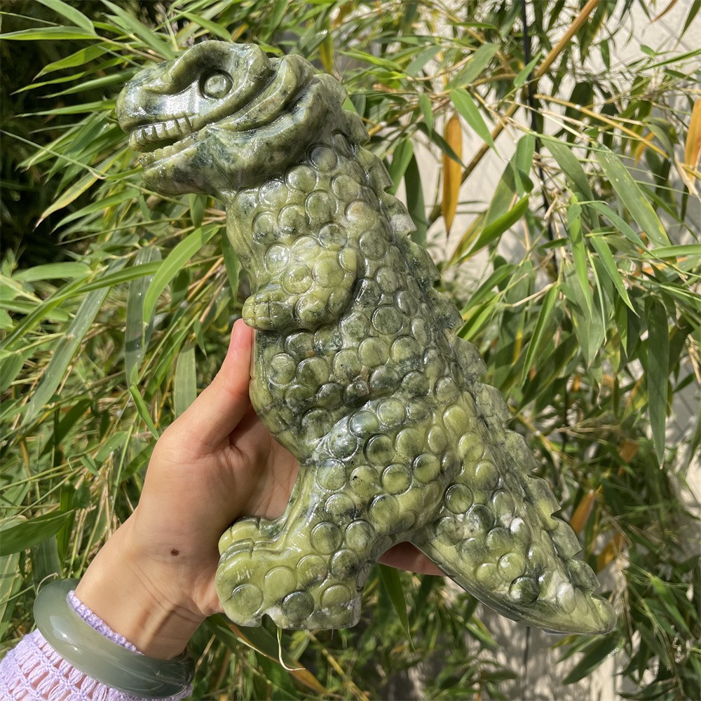 4.1LB 8.2″ Natural Xiuyan Jade Dinosaurs Figurine Quartz Crystal Reiki Carving