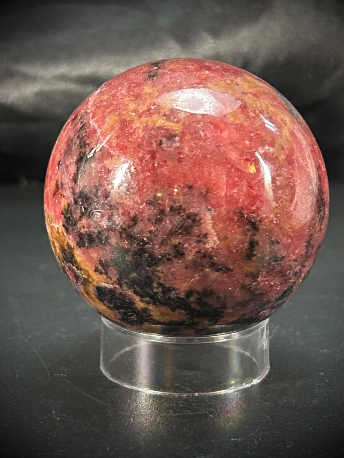 2.06″ Rhodonite Sphere With Acrylic Stand 9.9oz (281 grams)