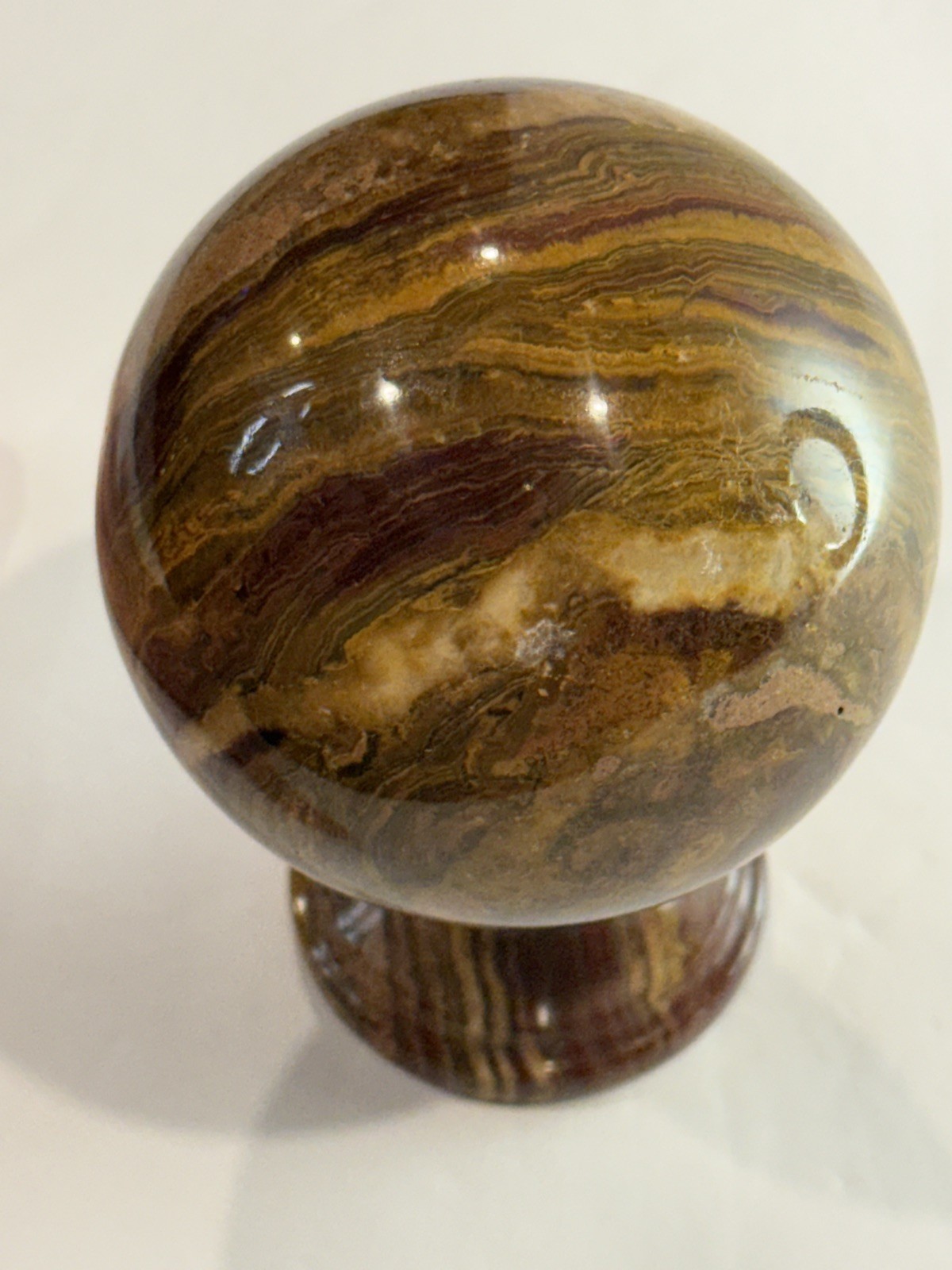 Collector-Grade Banded 🤎 Brown Onyx Sphere on Pedestal • 631g Natural Stone