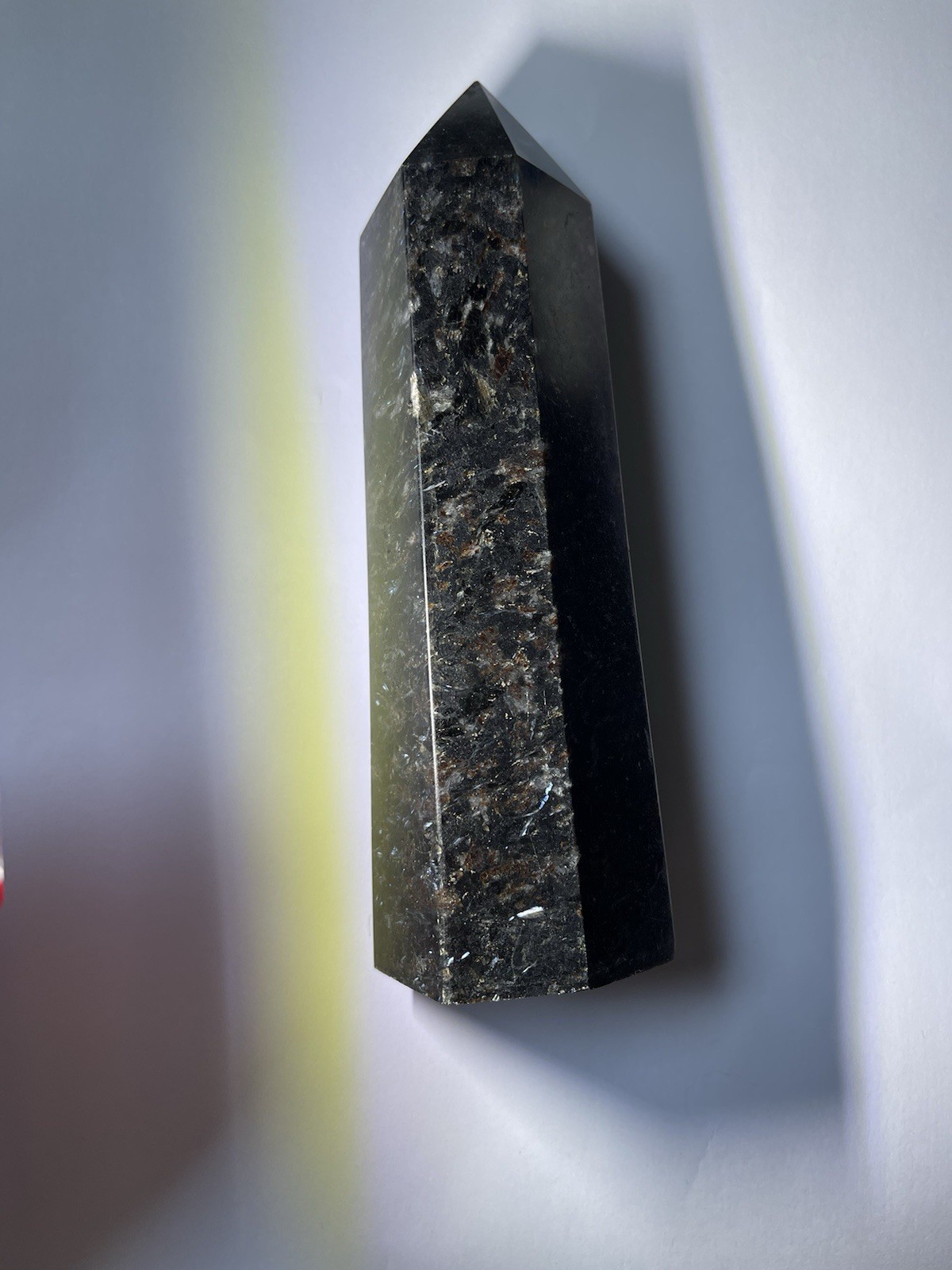 Large Arfvedsonite Crystal Obelisk 7 Inch Flashy Silver Blue Healing Stone Tower