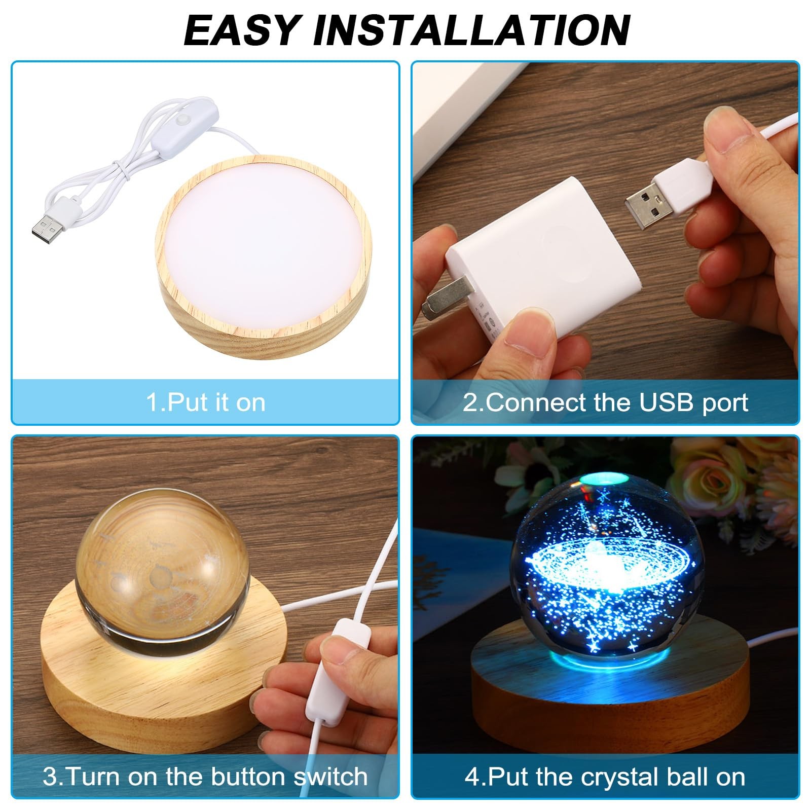 4 Inch Wooden LED Light Base, 2pcs Wood Light Display Base Stand Lighting wit…