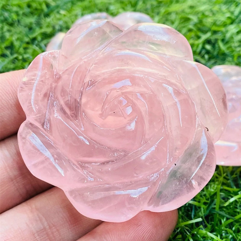 2″ Natural Pink Rose Quartz Carved Rose Flowers Crystal reiki Healing