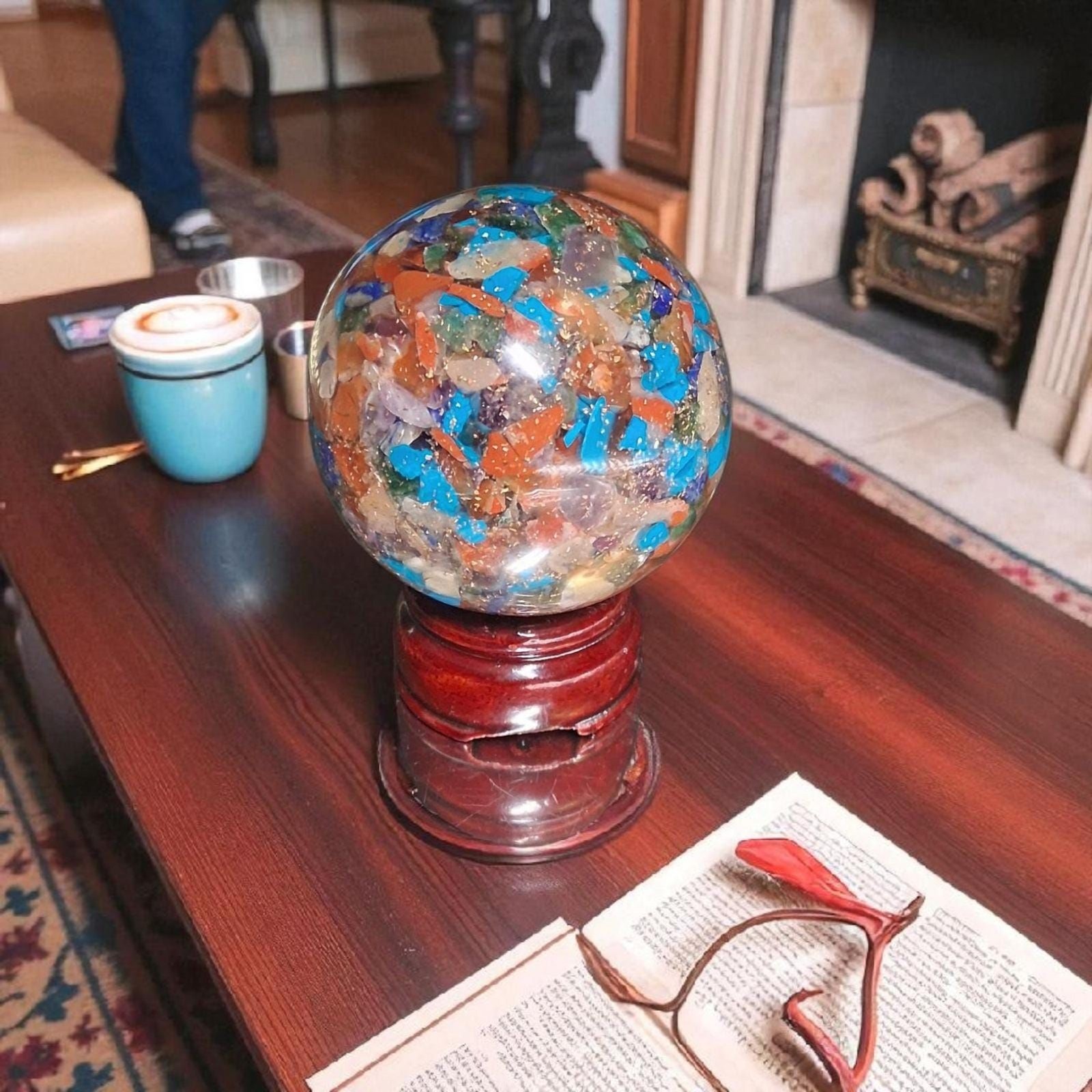 Orgone Multi-Chakra Sphere – 70mm Crystal Ball with Copper Coil & Wooden Stand