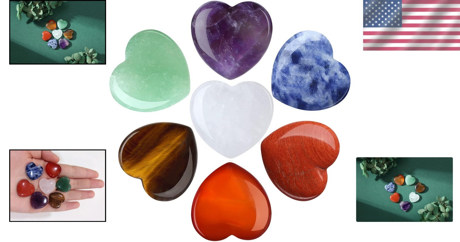 Polished 7 Chakra Gemstones – Heart-Shaped Crystals 0.8 Inch for Reiki Energy