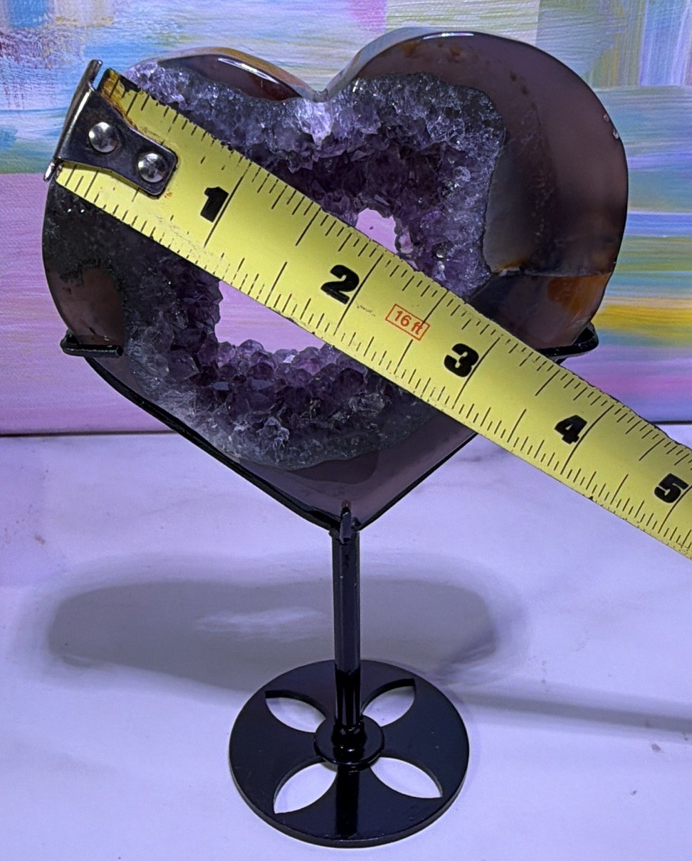 Heart-Shaped Purple Crystal Geode Slice Decor on Black Metal Stand, 6 in Tall