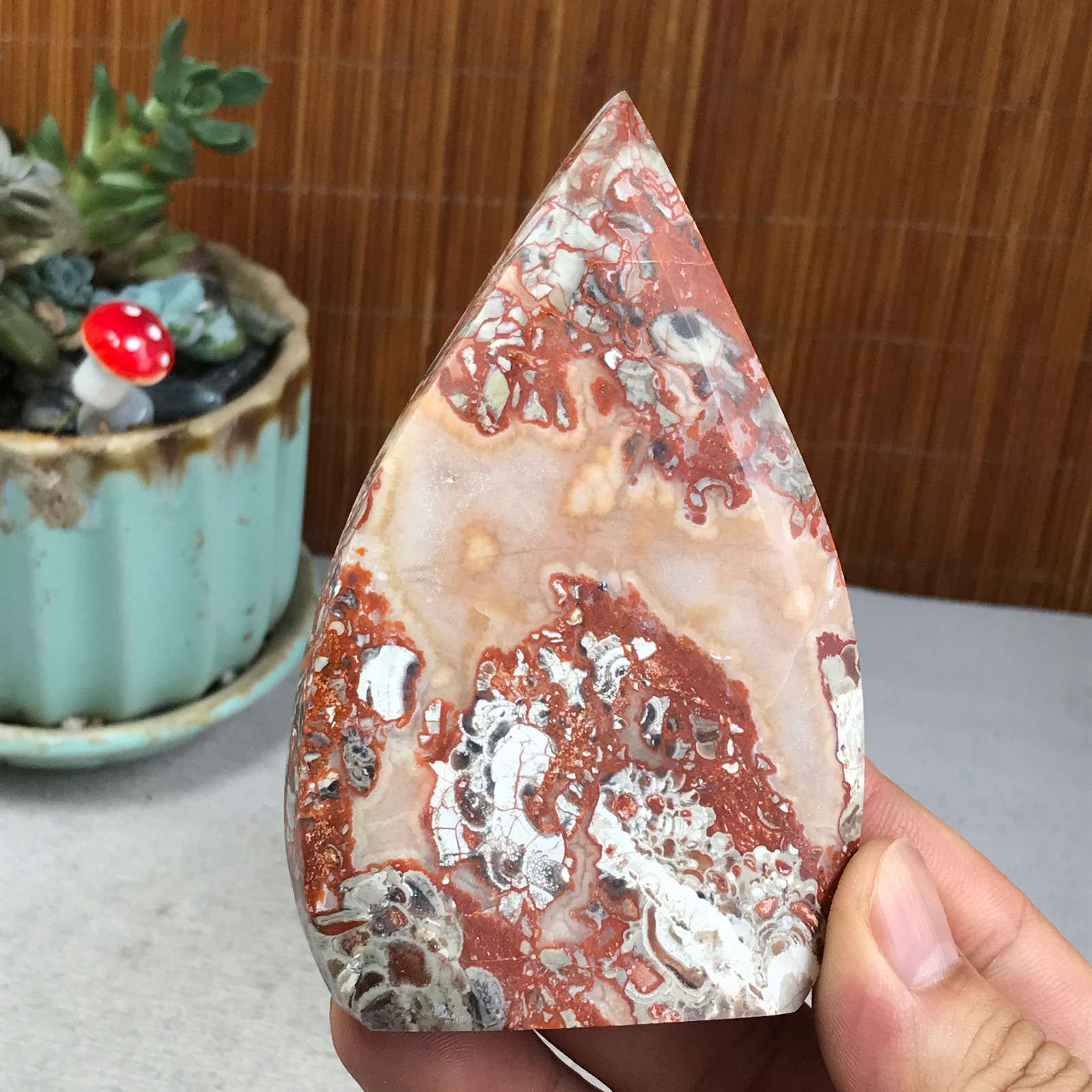 Natural money Mexico agate hand carve leaf Crystal Specimen free standing A6275