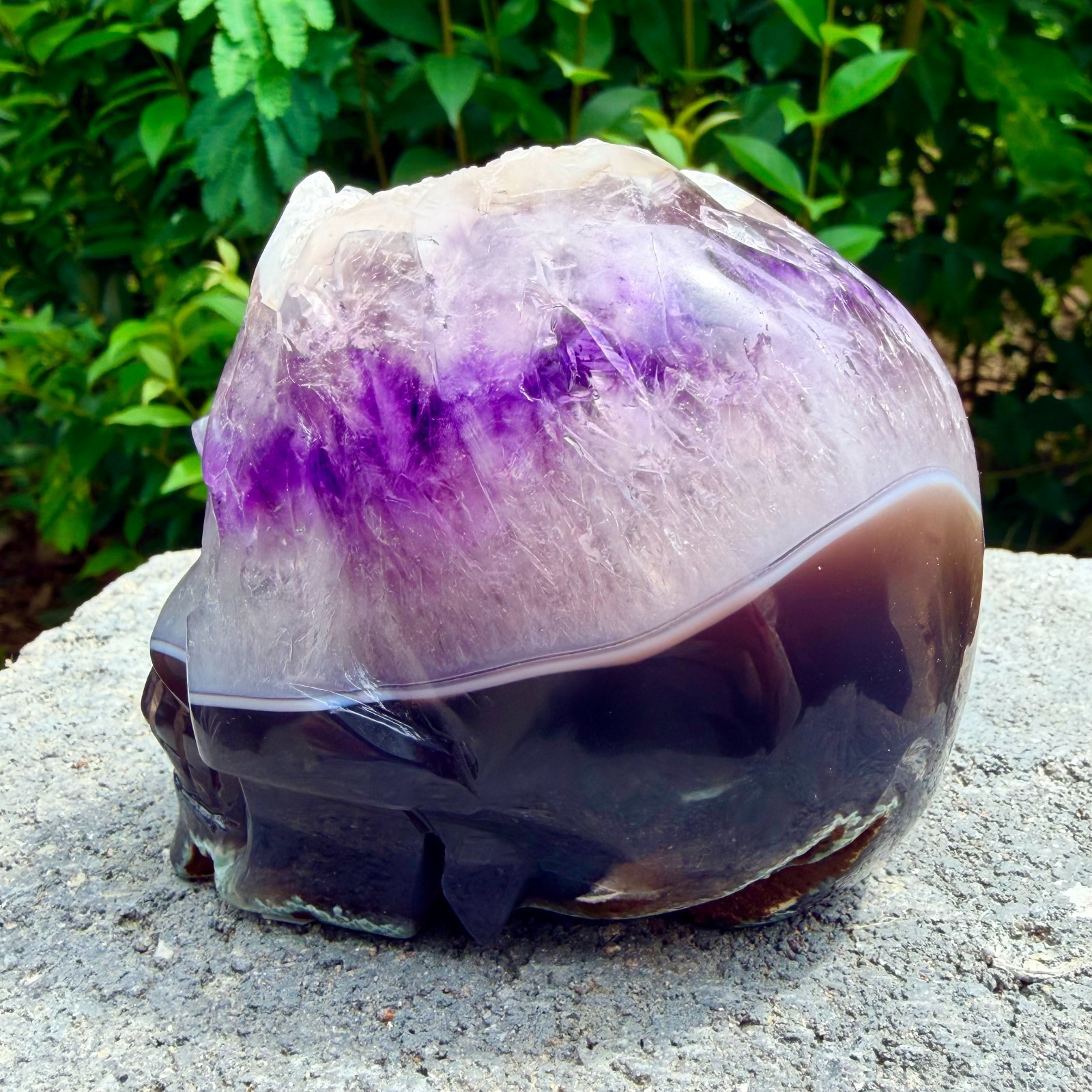 714g Amethyst agate crystal cave skull, Rare hand carved skull specimen