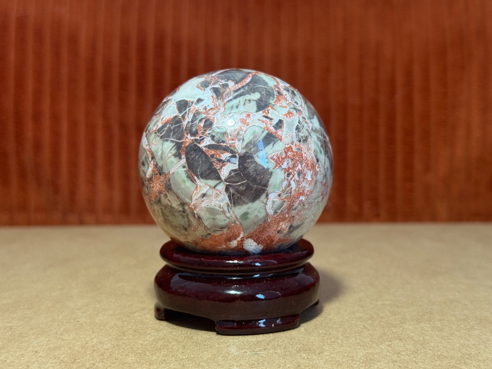 Rhyolite Jasper Multi-Colored Medium Size Sphere Wood Stand Not Included