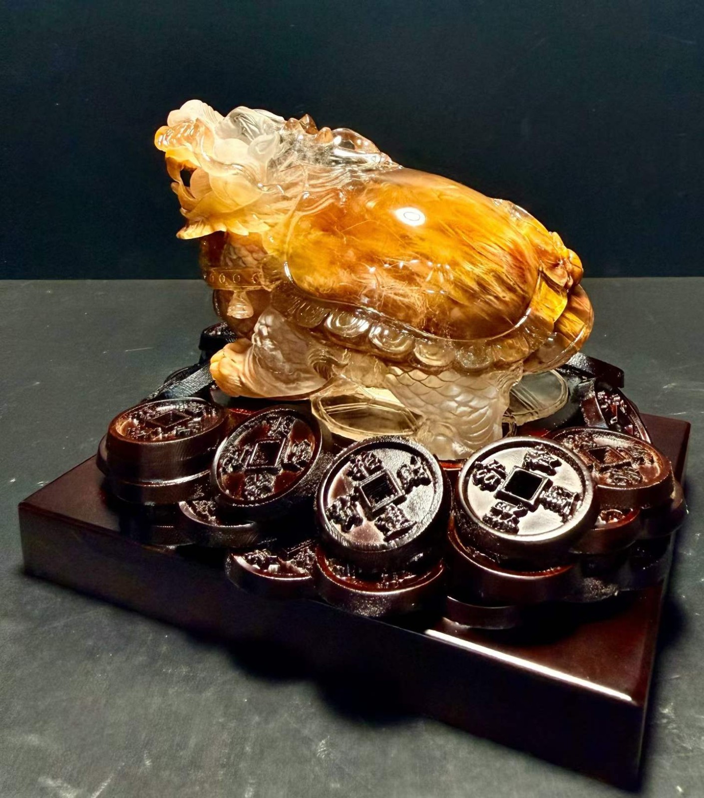 3.21LB Natural Yellow, Red Rabbit Hair Quartz Dragon Turtle Crystal Reiki+Stand