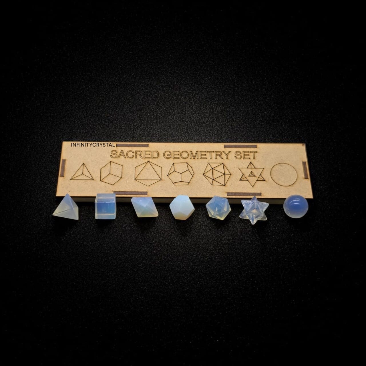7 Pcs Opalite Sacred Geometry Set 7 Pcs,Crystal Set,Grid Board Wooden Box Gifts.