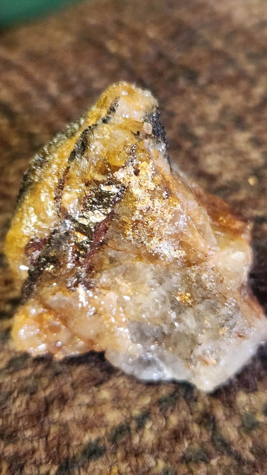 Gold Silver Quartz Crystal Mineral Specimen w Metallic Inclusions on Black Base