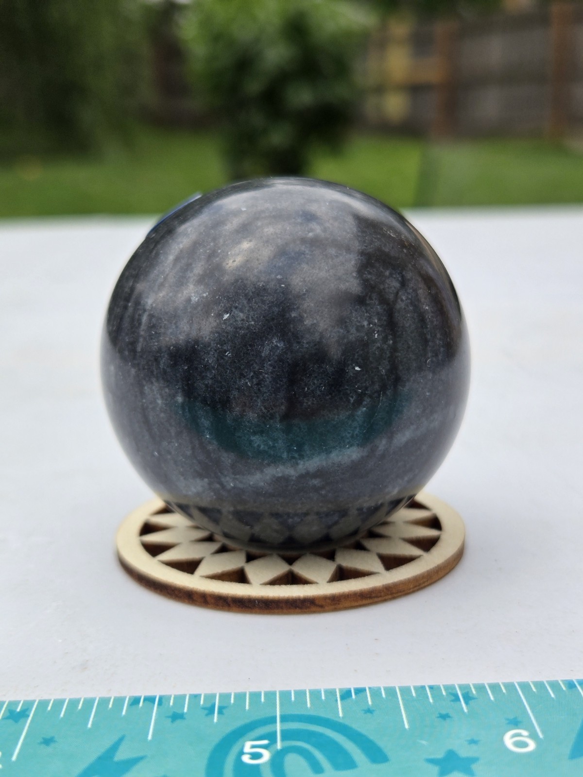 black/ gray polished quartz crystal sphere display w/ stand 2.5in B64