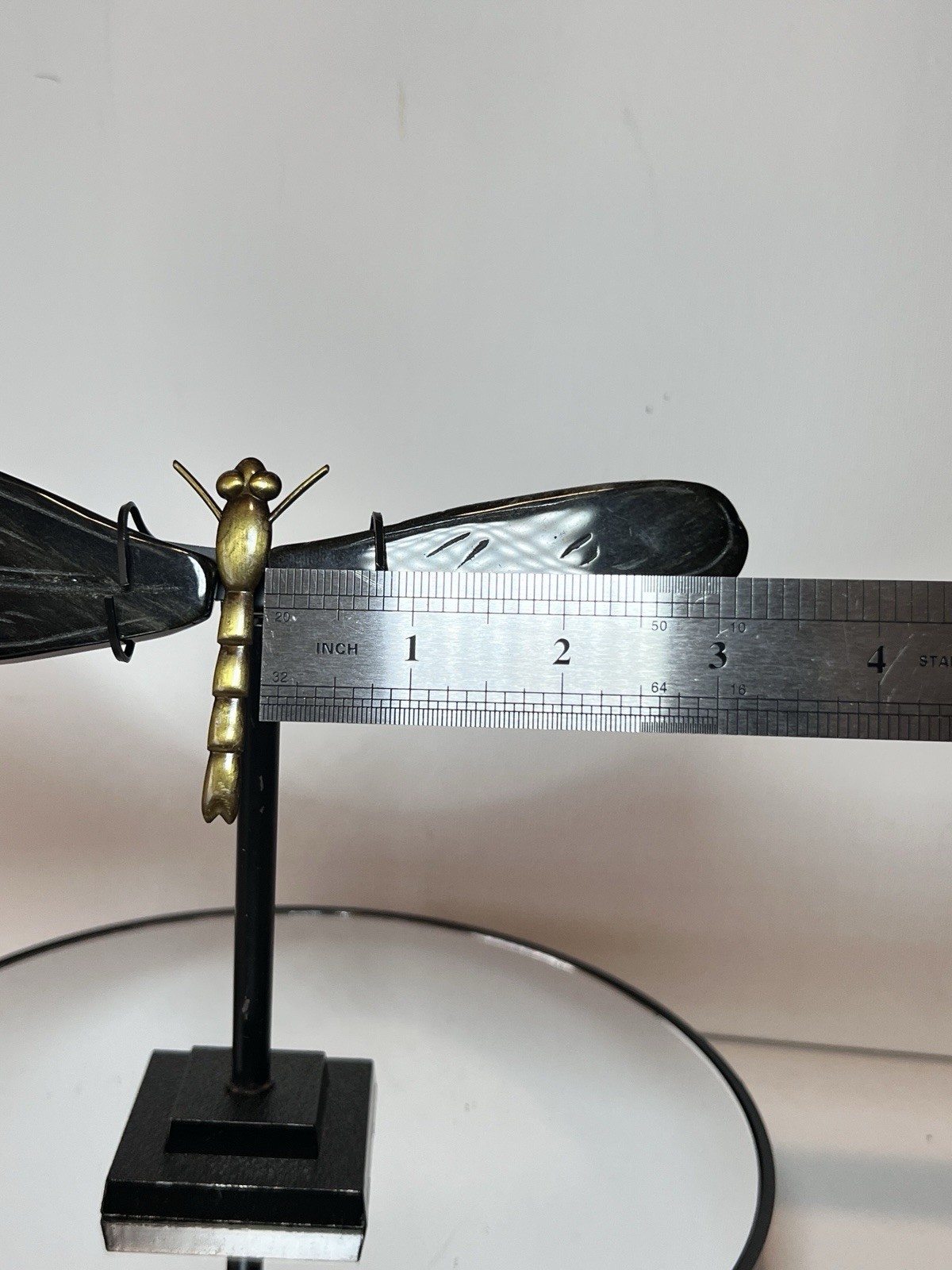 Golden Sheen Obsidian Dragon Fly Carving W/Holder – Measurements In Photos