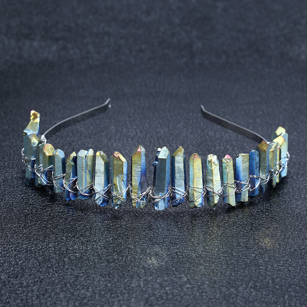 Handmade Quartz Crystal Crown Gradient Green Pink Stone Angel Aura Hair Hoop