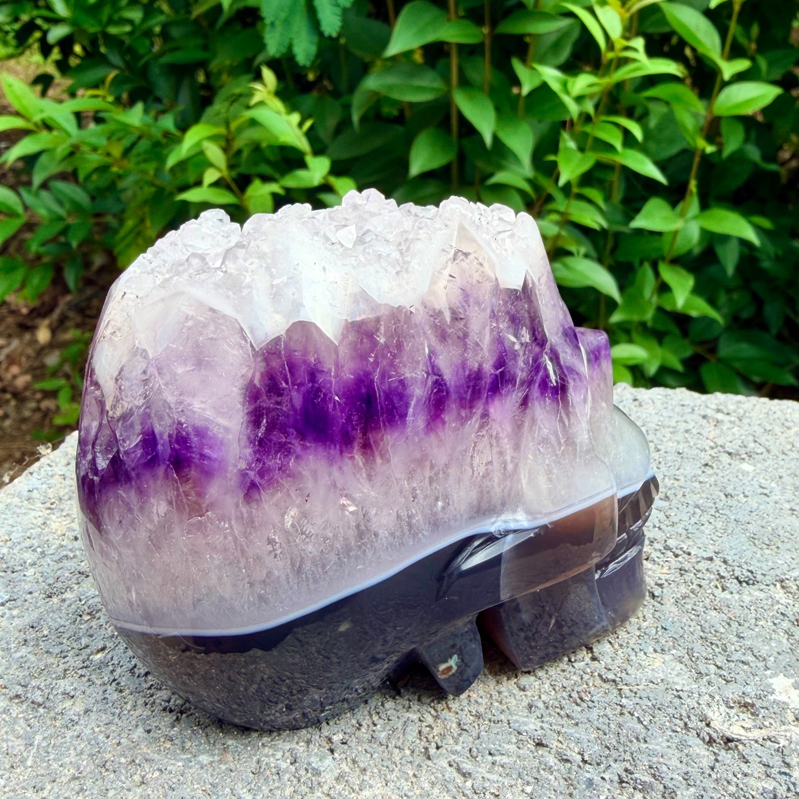 653g Amethyst agate crystal cave skull, Rare hand carved skull specimen