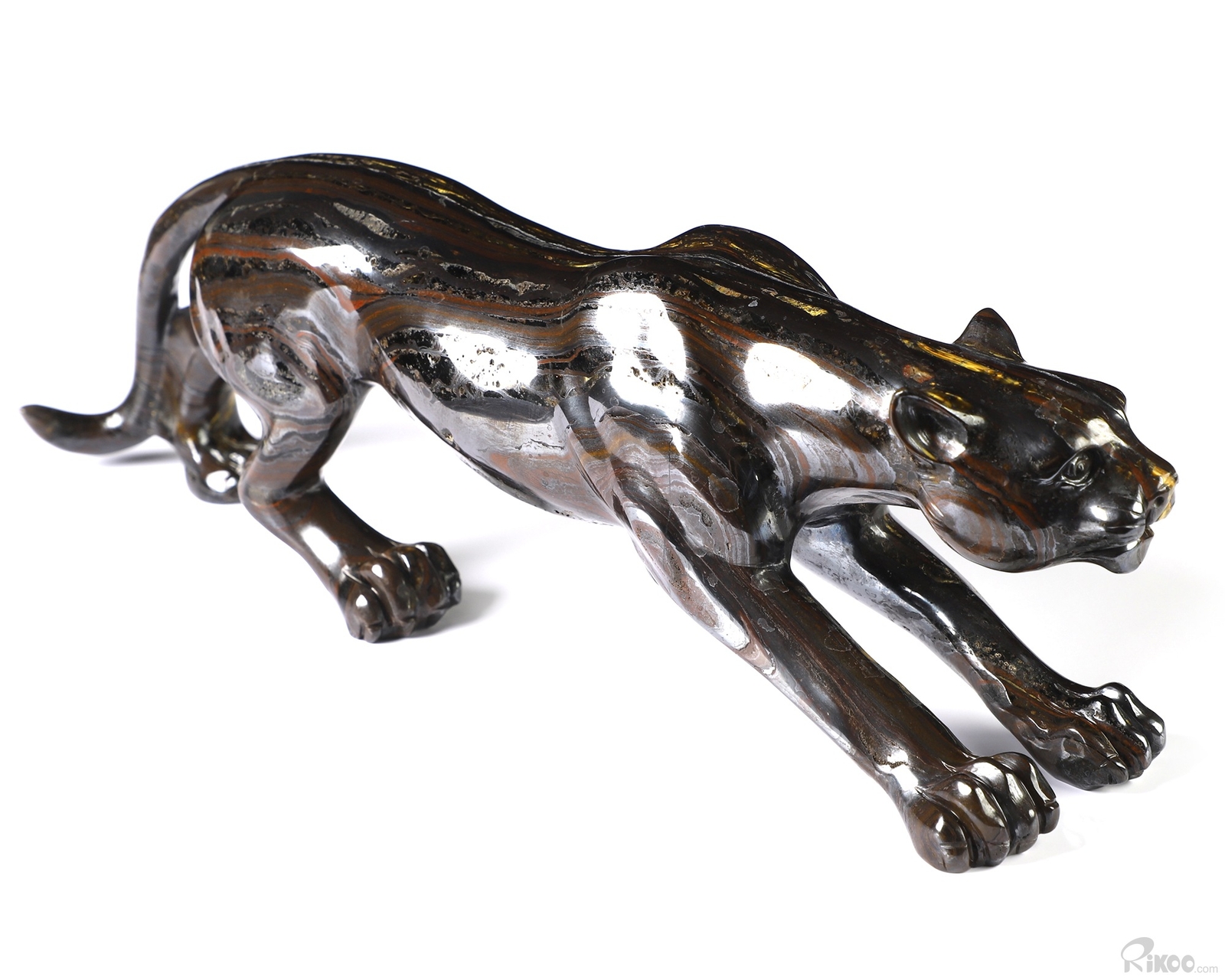 10.5″ Colorful Tiger Iron Eye Hand Carved Crystal Leopard Sculpture, Healing