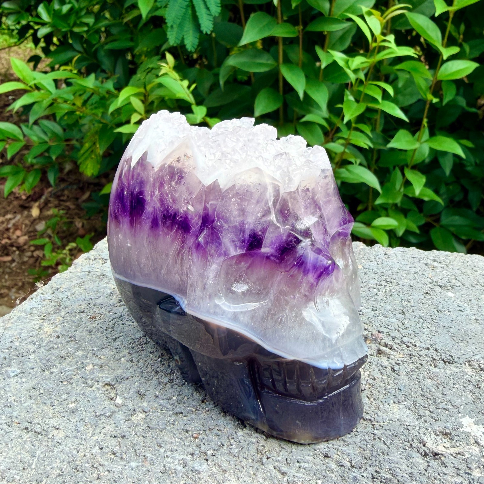 653g Amethyst agate crystal cave skull, Rare hand carved skull specimen