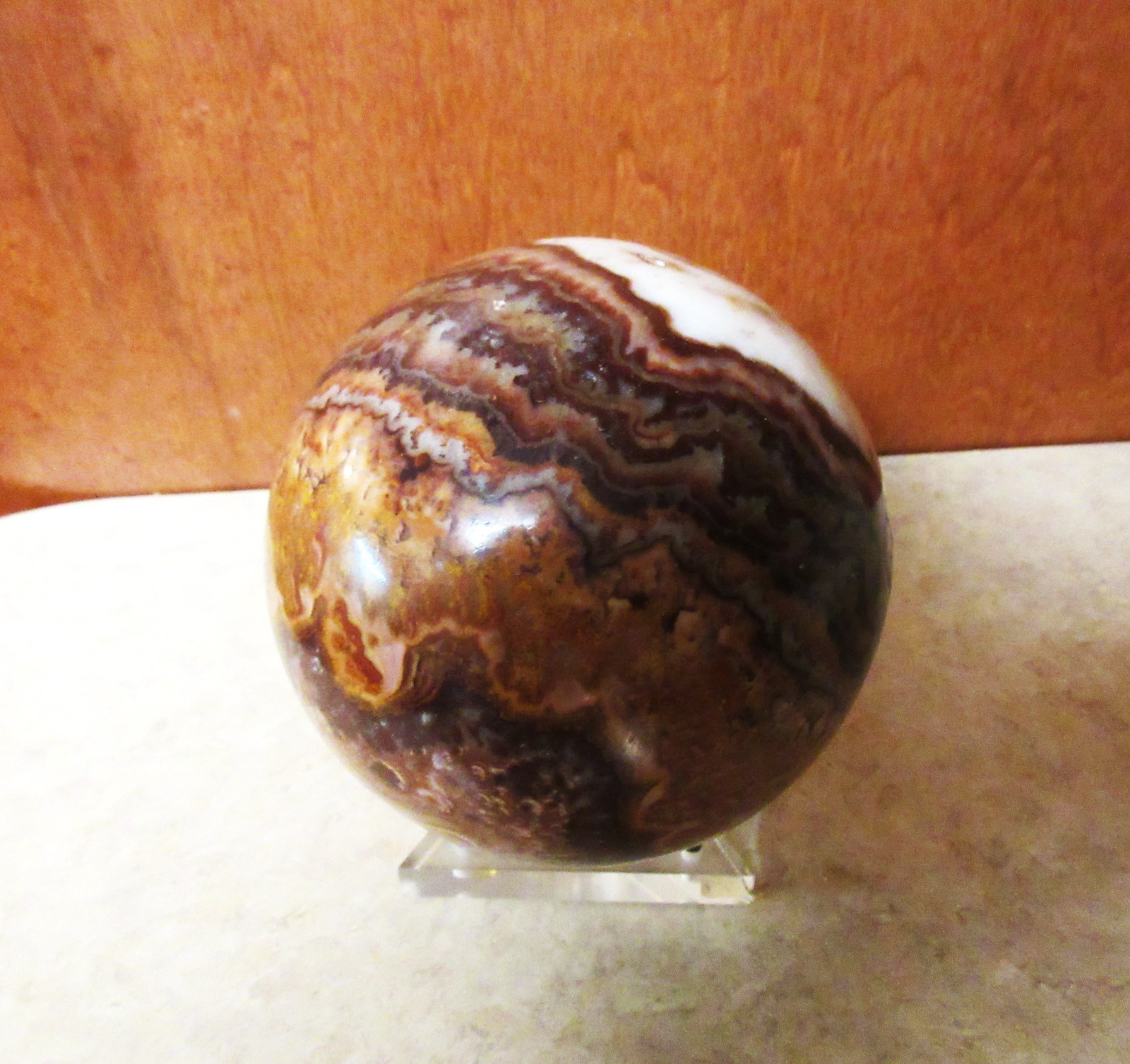 Large Banded Marble Polished Stone Sphere Browns and Whites 5” Diameter + Stand