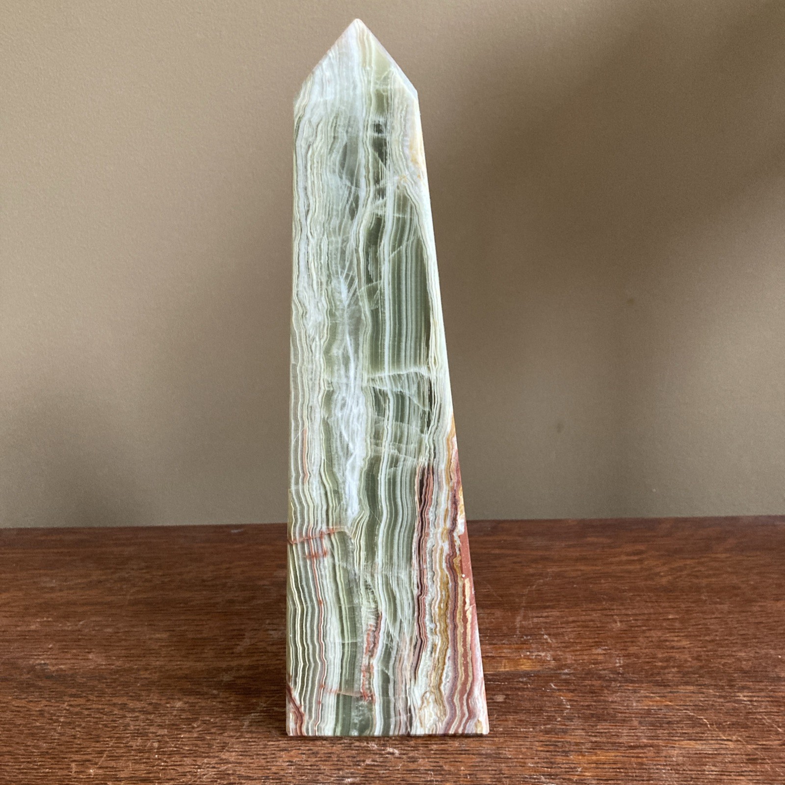 Large 10” Brown White & Green Obelisk 4-Sided Onyx Tower Polished Stone
